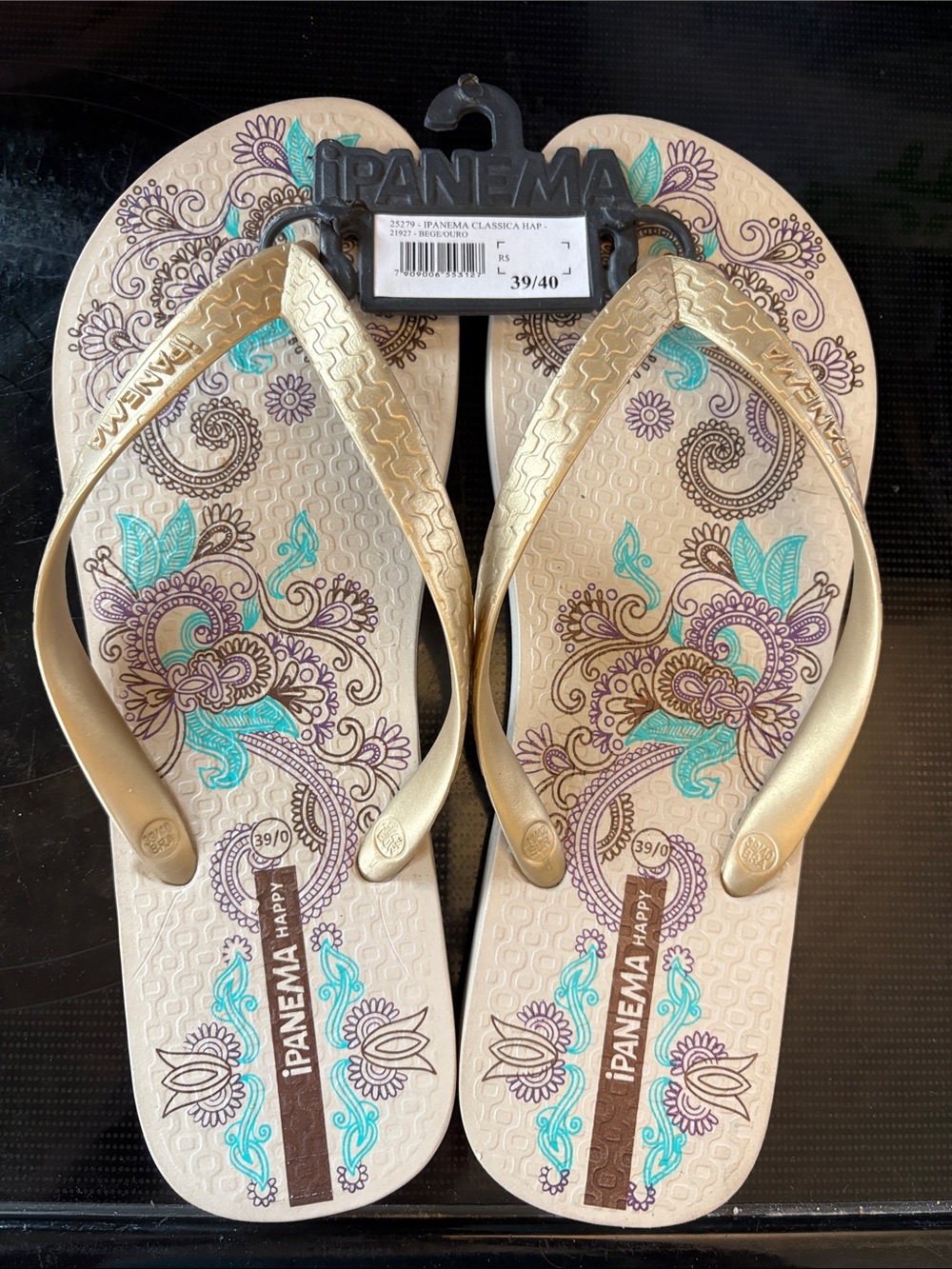 NWT Ipanema Made in Brazil Women’s Gold Strap Sandals -Beige with Teal & Purple